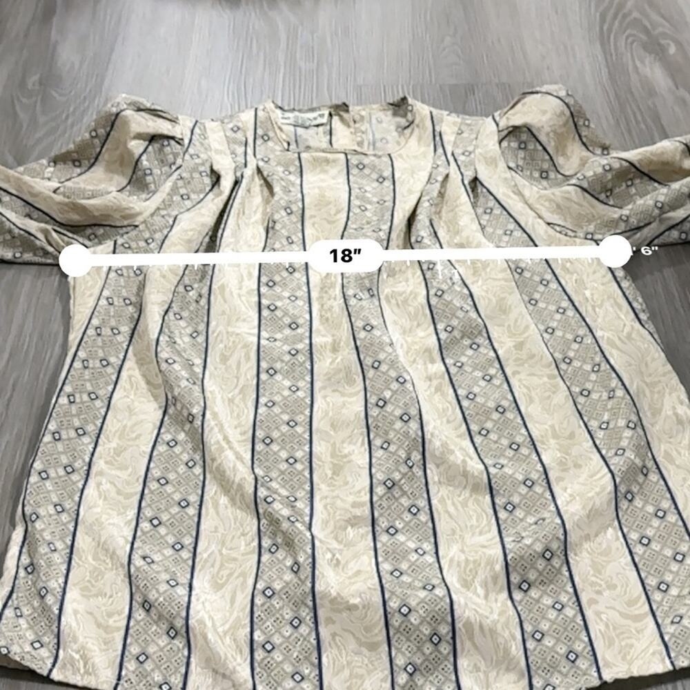 Vintage Eva Laurel Cream & Blue Geometric Print Long Sleeve Button Back Top 10‎ - Picture 6 of 7
